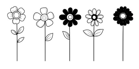 Collection of flowers in sketch form, featuring line art drawings and modern floral silhouettes in black on a white background, with hand-drawn botany outline illustrations