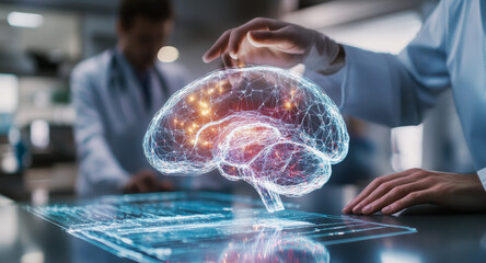 Aufkleber - Interns in medical training engage with cutting-edge technology, analyzing a holographic brain model. They discuss its applications in medicine and neuroscience in a modern lab setting.
