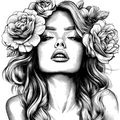 Wall Mural - modern minimalist simple linear style drawing featuring a woman's silhouette with flowers and leaves