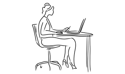 Wall Mural - a businesswoman with a laptop is depicted in a continuous one-line drawing, alongside a one-line ill
