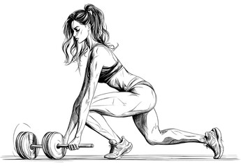 Wall Mural - a minimalist illustration of a woman with a barbell is depicted in a single line drawing, embodying 