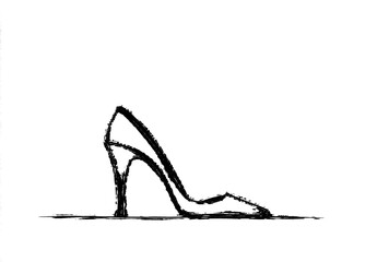 Wall Mural - a minimalist black sketch of a high heel female shoe is presented in a simple linear style on a whit