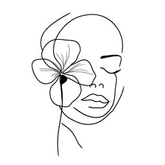 Wall Mural - modern minimalist drawing of a female face in continuous line art style, isolated on a white backgro