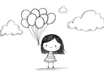 Wall Mural - a modern illustration of a happy little girl running with balloons, created using a continuous line,