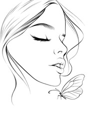 Wall Mural - modern illustration featuring a continuous one-line drawing of a female face accompanied by a butter