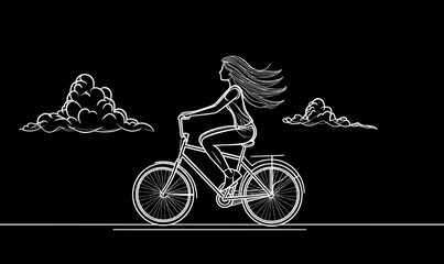 Wall Mural - a woman riding a bike is depicted in a single-line drawing, characterized by its abstract and minima