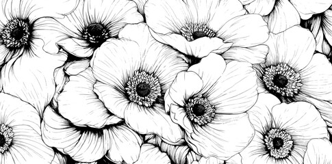 Wall Mural - a seamless pattern of line art flowers is presented as a modern floral background with a simple temp