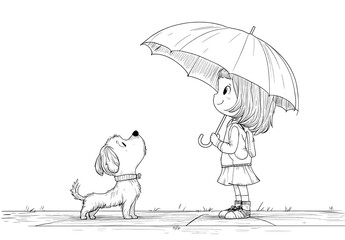 Wall Mural - a young girl and her small dog are depicted walking together under an umbrella in a continuous one-l