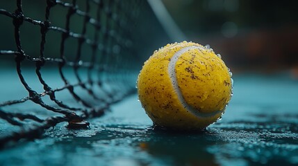 Wet tennis ball near net on a rain-soaked court.