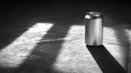Leinwandbilder - A reflective aluminum can stands alone on a textured surface. Shadows form artistic patterns in low light, creating a striking visual contrast. The atmosphere is calm and minimalist.