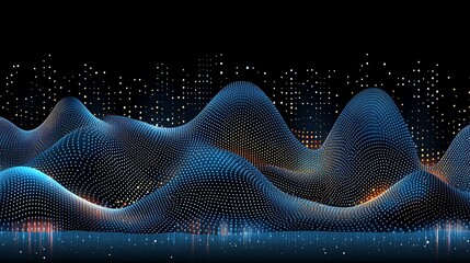 Abstract Data Waveform Visualization with Glowing Particle Grid and Dark Background