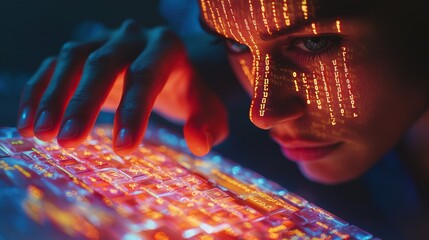 Hacker and cyberattack prevention concept. Woman interacting with a glowing circuit board, face adorned with digital data