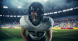 © Gorodenkoff - Focused Caucasian Male American Football Player in a Helmet and Protective Uniform. Close Up Portrait of a Footballer on a Stadium Field, Standing in a Position for a Championship Game to Begin