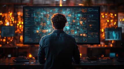 Fototapete - A person analyzes complex quantum computing data on a large screen, surrounded by warm lighting and a tech-oriented workspace, contemplating encryption and security measures against eavesdropping.