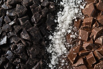 Aufkleber - Chocolate and sea salt composition showcasing dark and milk chocolate chunks with coarse crystals