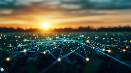 Aufkleber - In a vast agricultural field at sunset, modern technology connects various plants through a network, showcasing innovative crop selection practices that improve farming efficiency.