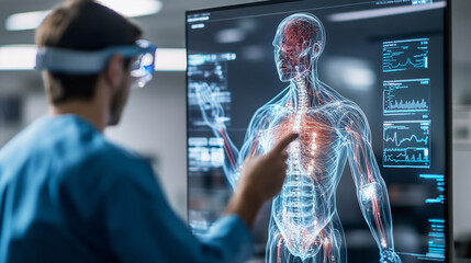 Leinwandbilder - Interns in medical training are interacting with a high-tech anatomy display. They analyze human anatomy and physiological data while developing essential skills for future careers in medicine.