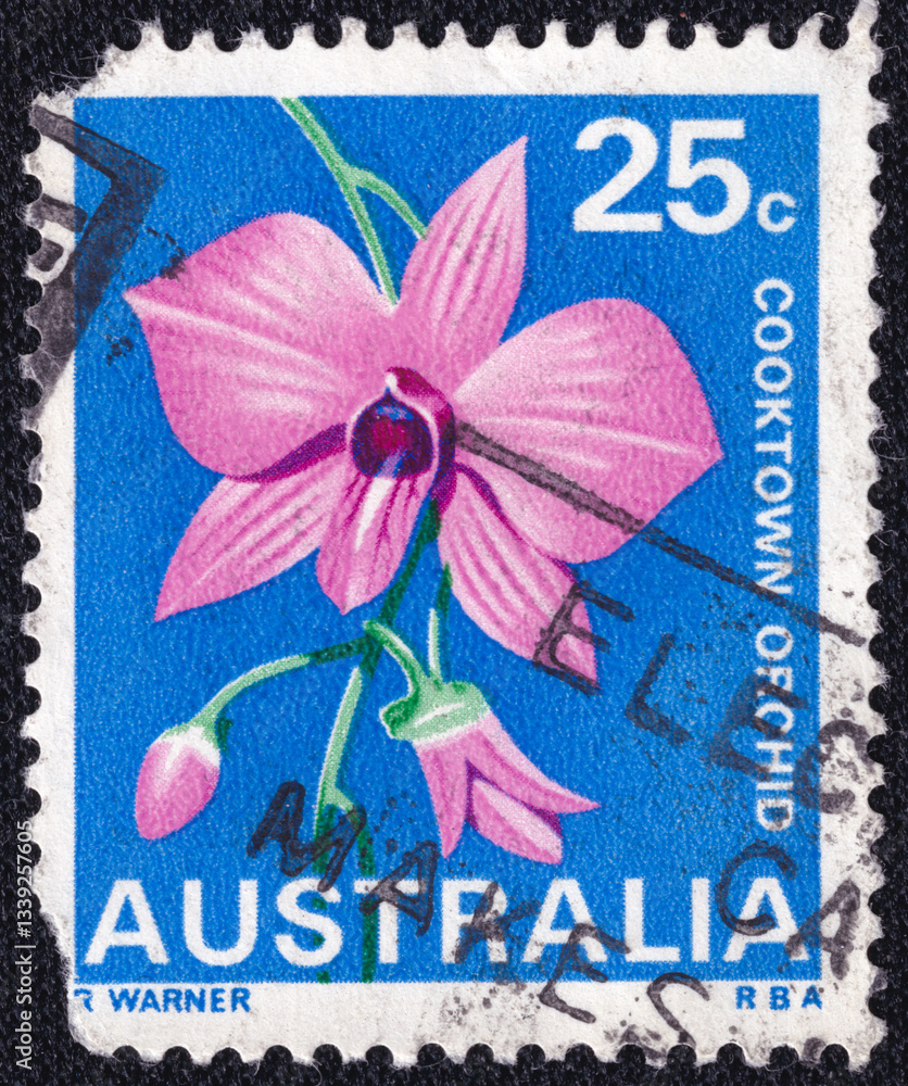 Australian postage stamp featuring a pink Cooktown orchid (Dendrobium ...