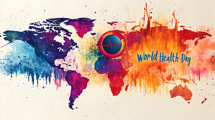 Wall Mural - a clean and simple healthcare poster with a stylized world map, a circular heartbeat monitor, and a 