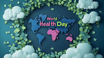 Wall Mural - a healthcare poster with a stylized circular world map, soft clouds, and green vines growing around 