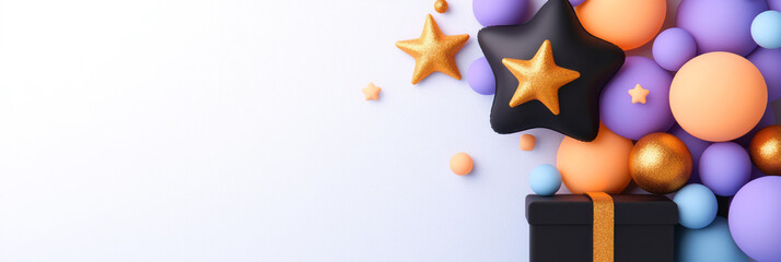 Poster - a black box with a gold star on top surrounded by balloons