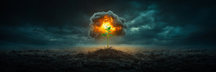 Fototapete - a tree with a green leaf growing out of it
