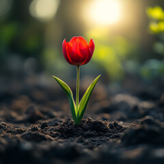 Poster - a single red tulip in the soil