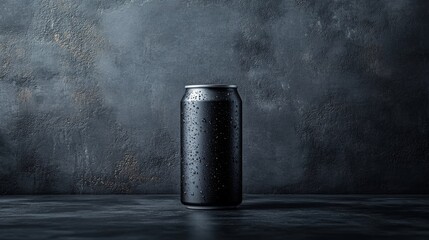 Aufkleber - A sleek black beverage can stands alone on a dark surface, showing condensation from a cold drink. The textured gray background adds depth and contrast to the scene.
