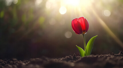 Poster - a single red tulip in the dirt