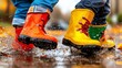 © Alex Photography - Children in vibrant rain boots joyfully splash through puddles, capturing the playful essence of a rainy autumn day.