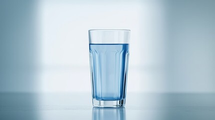 Wall Mural - A crystalclear glass of refreshing water sits on wooden table, promoting hydration and wellness.