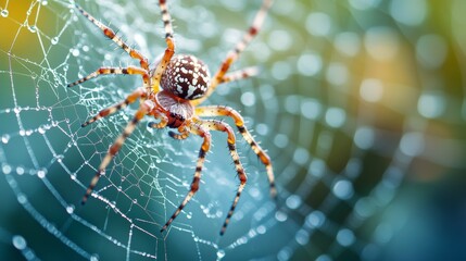 A close-up of a delicate, patterned spider resting on a dew-covered web. 