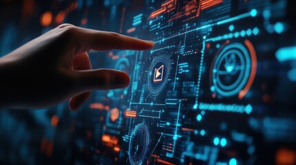 Digital Communication:  A Hand Interacting with Futuristic Interface