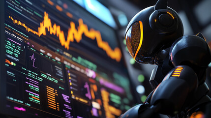 Black robot analyzes data on a screen displaying orange graphs and code, showcasing technological advancement and automation in finance or similar industries