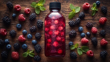 Aufkleber - A vibrant drink made from mixed berries is presented in a clear bottle on a wooden surface, surrounded by fresh raspberries, blueberries, blackberries, and mint leaves.