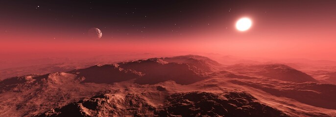 Wall Mural - panorama of mars at sunset, sunrise above the surface of mars, martian landscape, 3d rendering