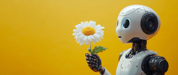 Poster - A humanoid robot holds a vibrant flower against a cheerful yellow backdrop, symbolizing harmony between technology and nature in a peaceful manner.