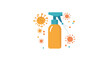 © ca - A digital illustration depicting a yellow spray bottle with a teal cap, centrally positioned against a white background.  Several stylized cartoon depictions of viruses in orange and red are