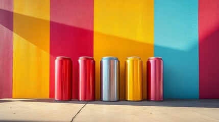 Poster - Metal cans of various colors lean against a bright mural with vertical stripes, casting long shadows as the sun sets in an urban area, creating a lively atmosphere.
