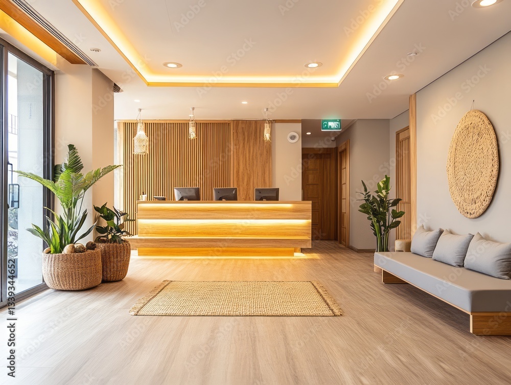 A welcoming modern hotel lobby features a reception desk and seating ...