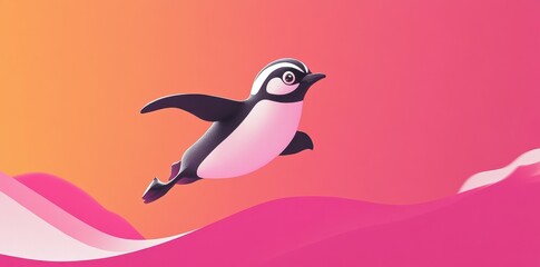 Wall Mural - a stylized cartoon penguin soaring through a gradient colorful sky