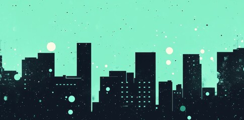 Wall Mural - silhouette of a stylized city skyline with circles and a green sky