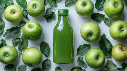 Aufkleber - A glass bottle filled with vibrant green apple juice is placed in the center of a circle of fresh green apples and leaves. The arrangement highlights freshness.