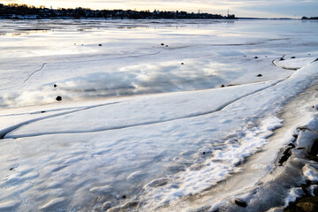 Wall Mural - frozen river in kostroma city in winter evening