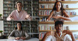 © fizkes - Split-screen collage four multiethnic students engaged in online class in library, talking, sit at desk, take part in remote virtual video call, learn, gain new knowledge. Group study, webinar, apps