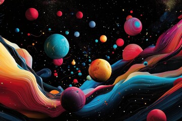 Wall Mural - Colorful planets and waves floating in an expansive night sky