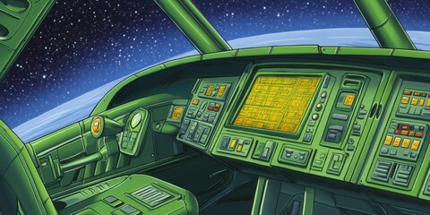 A spacecraft cockpit displays the earth and a starry space scene