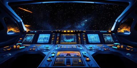 The interior view of a futuristic spaceship cockpit displays space