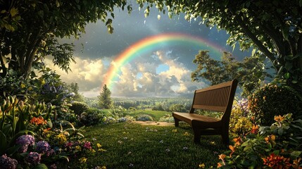Wall Mural - a dazzling rainbow illuminating a lush countryside, framed by fresh green grass and blooming flowers