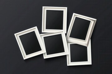 Fototapete - Collection of empty white picture frames arranged creatively on a black surface